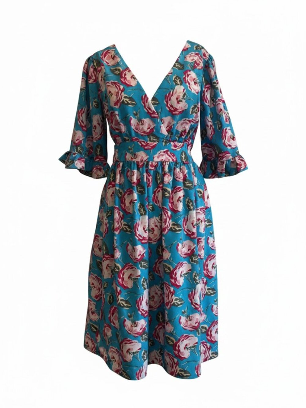 Betsey Johnson Blue Rose Floral Faux Wrap Ruffle Dress Size 12  Feminine Betsey